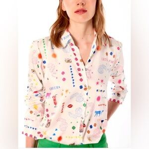 Vilagallo Party Print Button Down Blouse Size 38 Multicolor Silk Feel Cocktail